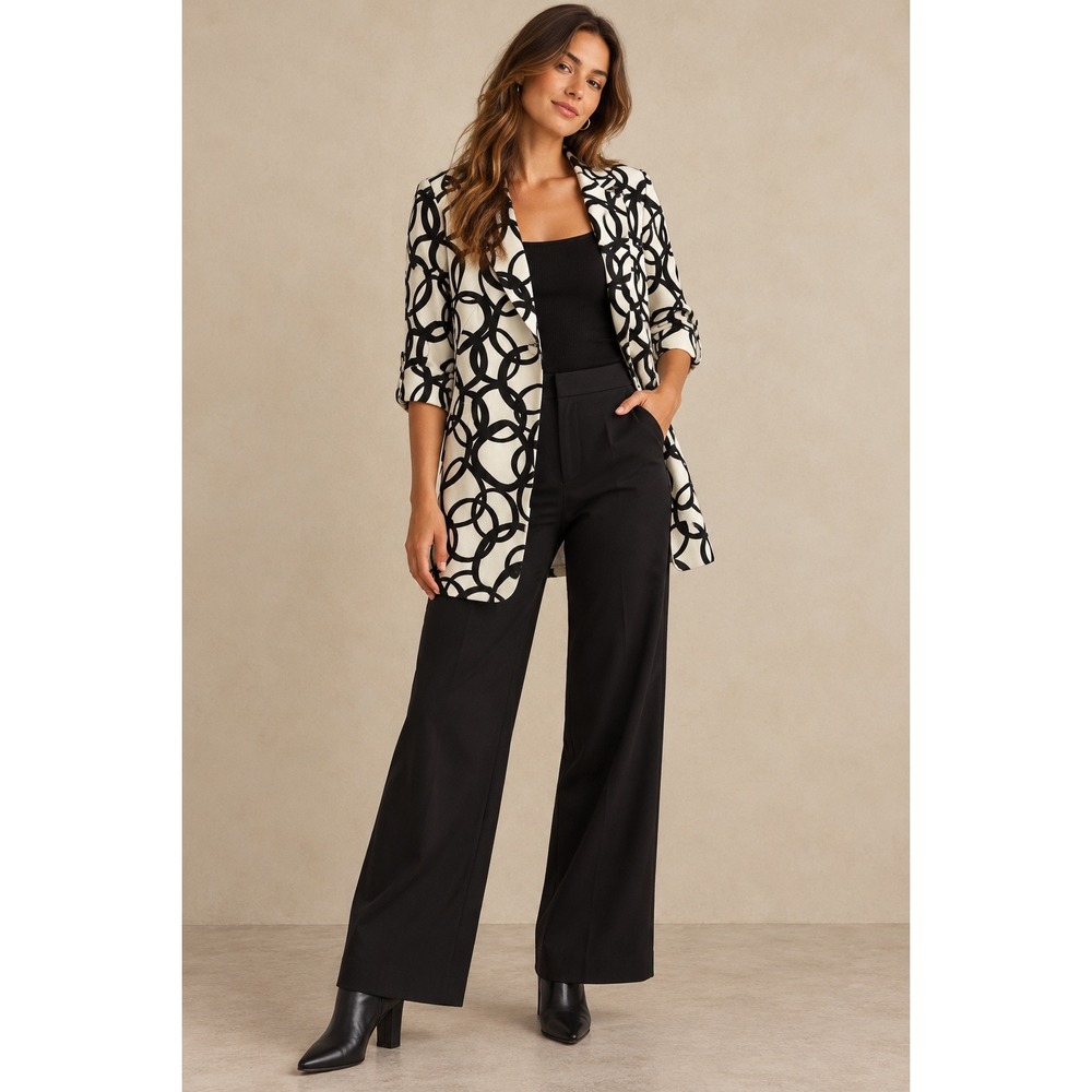 Nine West Blazer Black White Abstract Circle Print Mod Career Petite Size PS